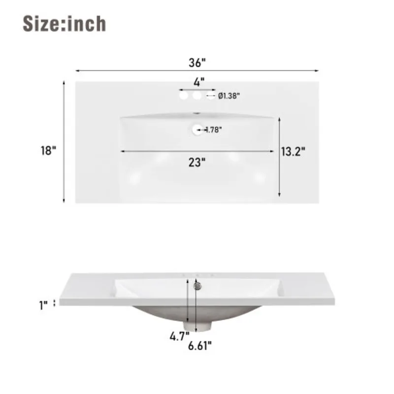 

FENGSHUO 36x18 "прямоугольная раковина из смолы с 3 отверстиями для ванной комнаты. Подходит для верхней раковины туалетного столика и центрального шланга для воды 4 дюйма.