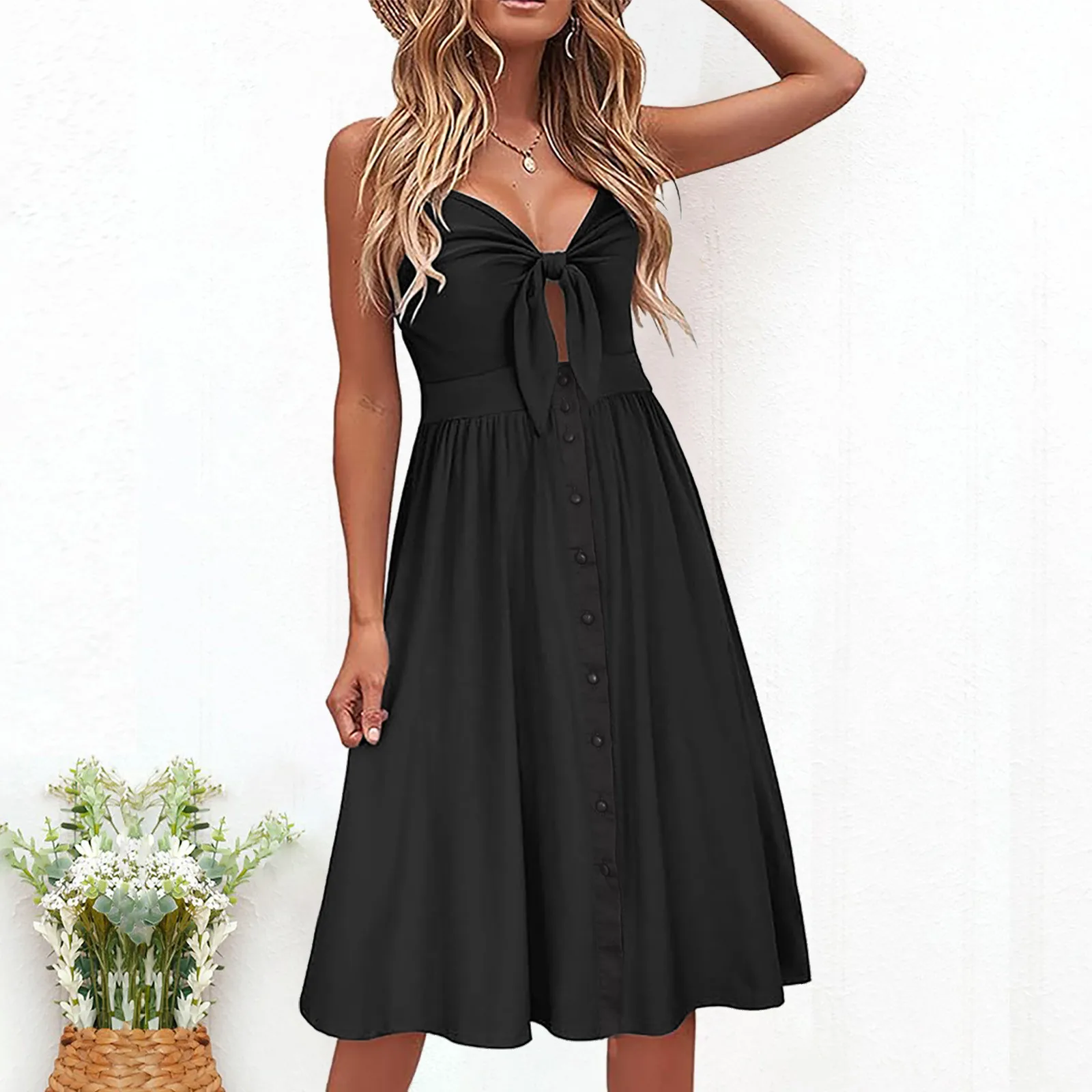 

Women's Summer Sundresses Beach Vacation V Neck Casual Tropical Resort Dresses Sexy Bow Solid Beach Fashion Slim Party Dress