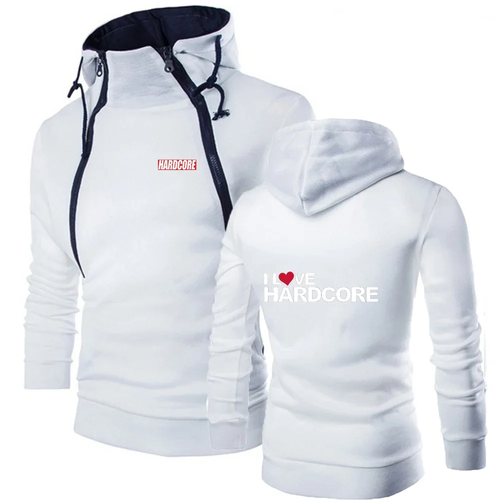 

Hardcore New Autumn and Winter Solid Color Hoodie Double Zipper Design Male Hooded Sweatshirt Long Sleeve Sports Sweater Tops