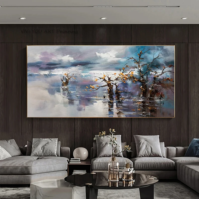 

Ручная работа, абстрактная синяя картина маслом с текстурой, изображающая деревья, на холсте, современный пейзаж с морским видом для гостиной, декор для дома