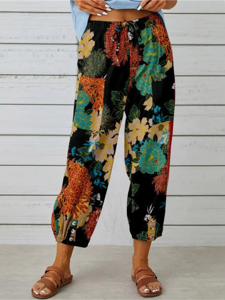

Casual High Waist Drawstring Cotton Linen Women Pants Spring Autumn Vintage Print Elastic Waist Loose Fit Nine Points Trousers
