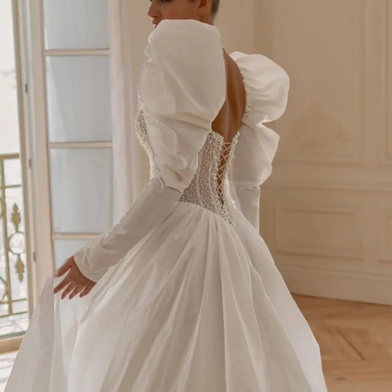 فساتين زفاف بيضاء خارج الكتف مشد لؤلؤة الديكور فساتين الزفاف ألف خط متعدد الطبقات صنع تخصيص #4
