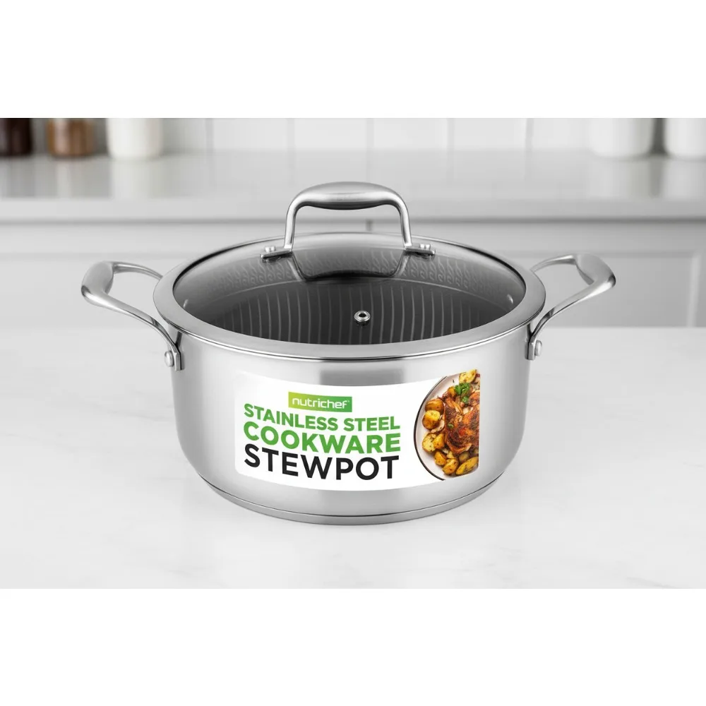 

5QT Stainless Steel Stew Pot with Non-Stick Coating & Glass Lid - Triply Kitchenware for Even Cooking