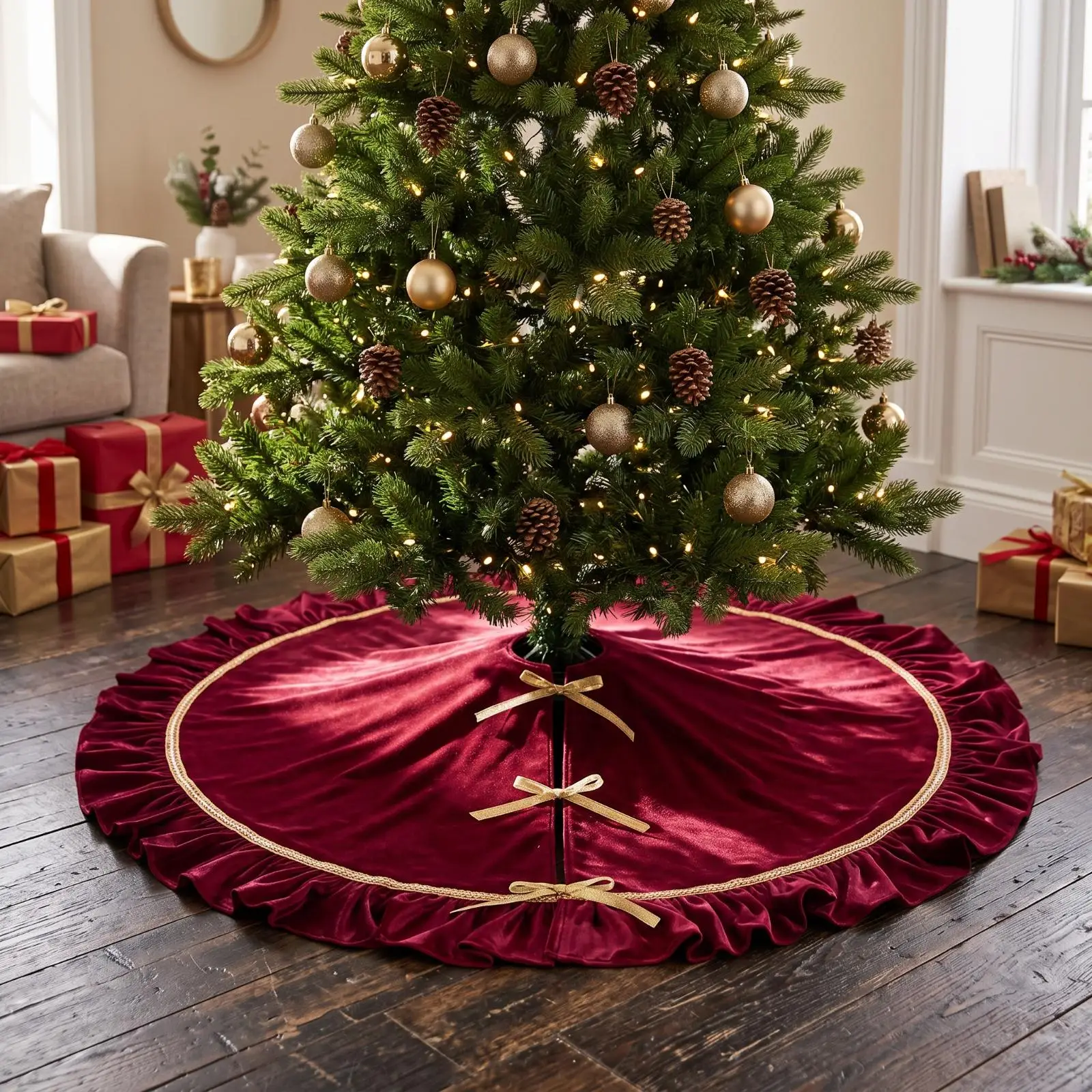Christmas Tree Skirt with Gold Trim Velvet Christmas Tree Skirt Ruffled for Living Room, Hotel Foyer, Shop Display