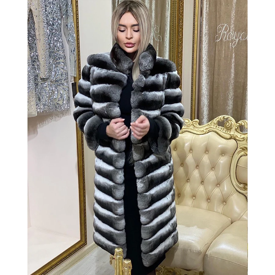 Fur Coat Women Luxury Real Rex Rabbit Fur Short Jacket Chinchilla Fur Colour Luxury Brands Genuine Fur