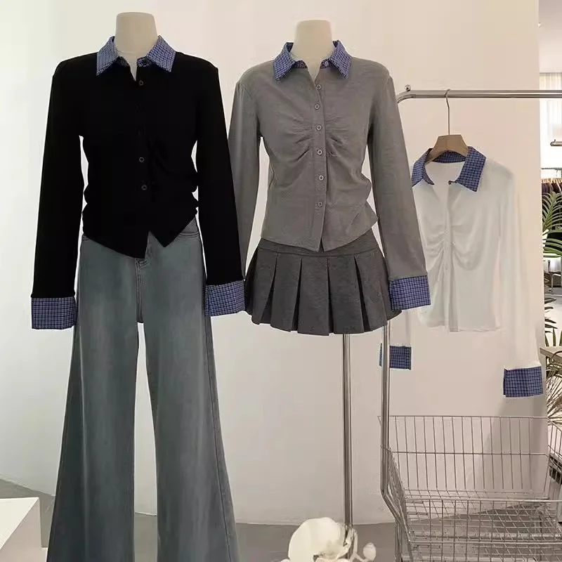 

Slim Fit Long Sve Collar Knitted irt Women's Single Button Splice Design Casual Sle Inner Wear Base Top Spring Au...