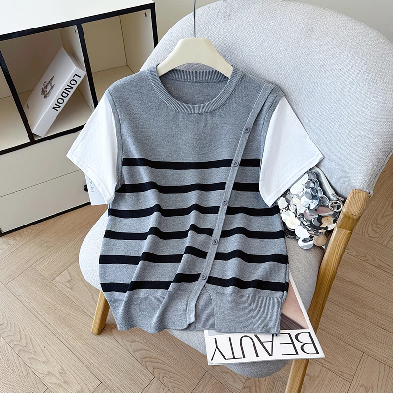 

Летняя футболка с круглым вырезом 2026: повседневный вязаный топ из шелка и льна с вышивкой, женская модель с коротким рукавом в корейском стиле для ежедневной носки