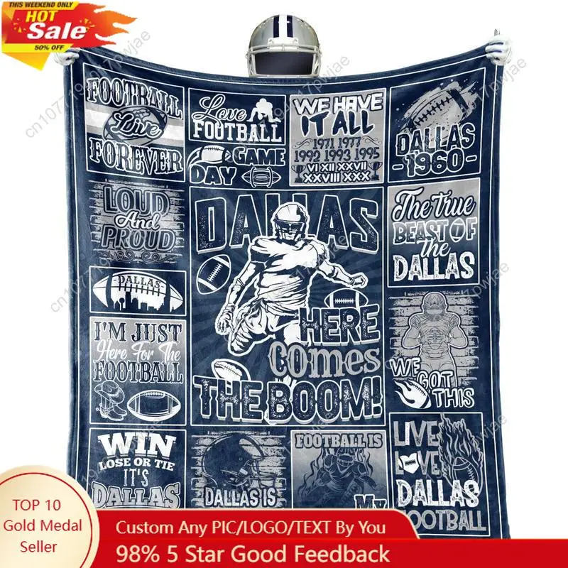 

Dallas Flannel Blanket 60x50 Inch, Football Team Blanket, Gift for Boys and Girls Youth Fans, Football Patchwork Travel Blanket