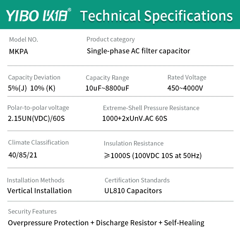 YIBO MKPA Single Phase Filter Capacitor 750V 900V Self Healing AC Capacitor Low Loss Low Voltage Power Capacitor
