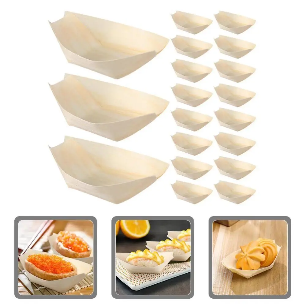 50PCS Multi-size Disposable Wooden Boat-shaped Plate Japanese Dish Food Serving Salad Dessert Bowl Boat-shape Tray