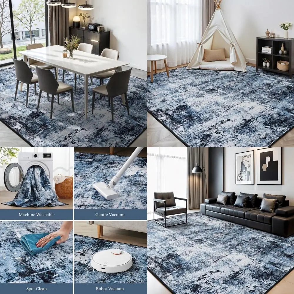 

Modern Navy Blue/Black 8x10 Rugs - Stain-Resistant, Washable for Living, Dining, Home Office, Kids' Rooms & Nurseries