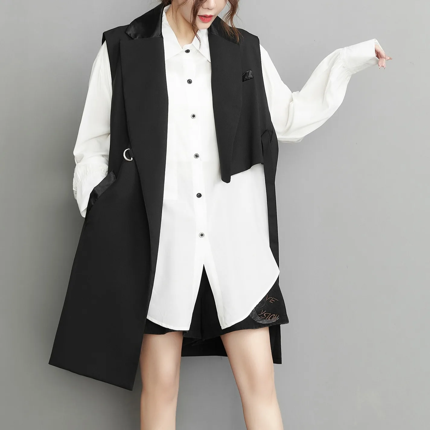 Women Suit Vest Sleeveless Jacket Irregular Mid Length Top Vests Turn Down Collar Vintage Office Lady Autumn 2025 Waistcoat