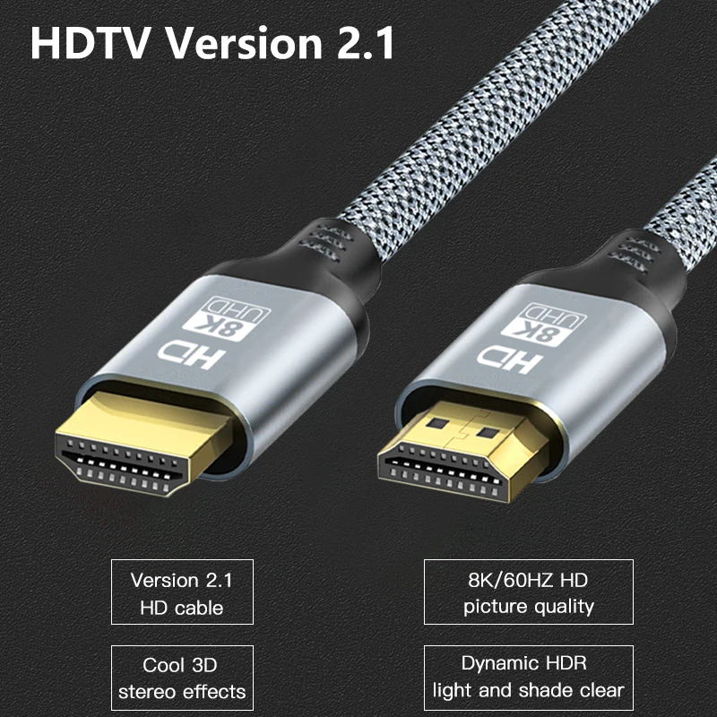 HDTV 2.1 Cable HDTV Cord 8K 60Hz 4K 120Hz 48Gbps EARC ARC HDCP Ultra High Speed HDR for HD TV Laptop Projector PS4 PS5