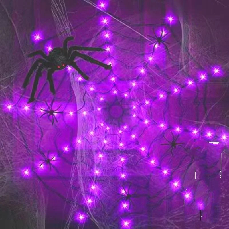 Diâmetro Solar Halloween Spider Web Lights, 50 LED, 8Mode, Spider Net Lights, Festa, Quintal, Jardim, Bar, Decoração da casa assombrada