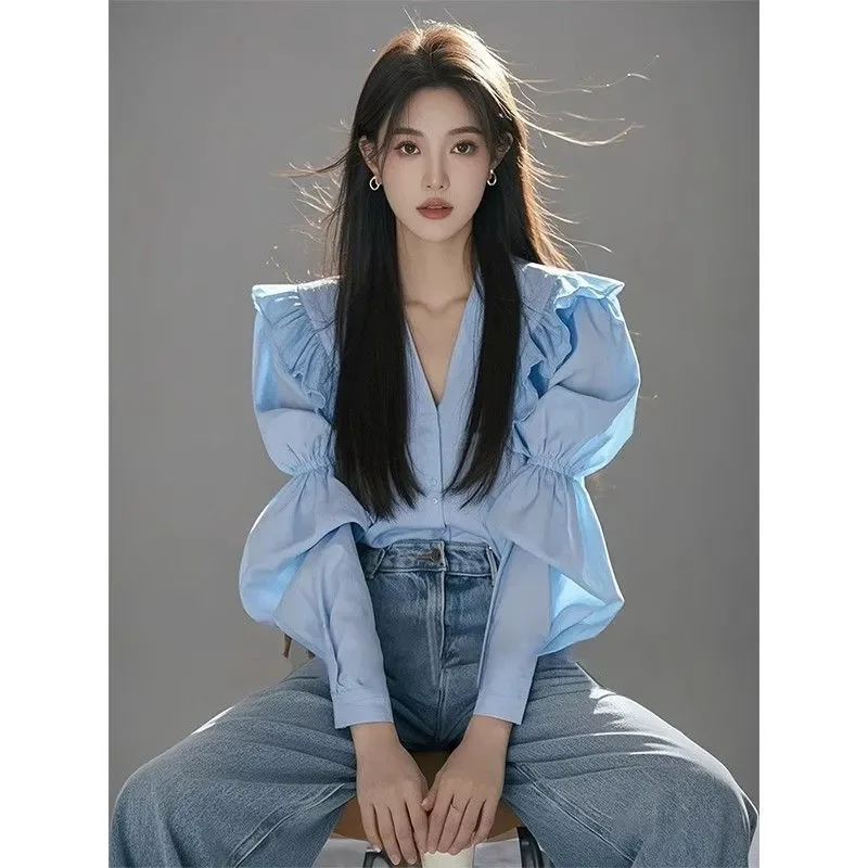 

Женская повседневная корейская однотонная блузка с v-образным вырезом и пышными рукавами, осенние модные плиссированные тонкие рубашки, женская одежда, простые топы