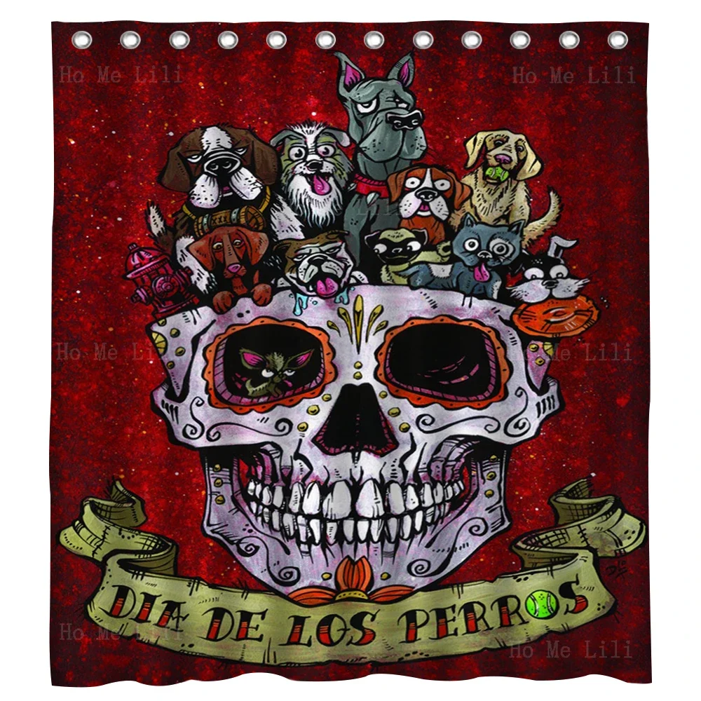 Day Of The Dead Art Dogs Cats Animals Halloween Mosaic Sugar Skull Mexican Traditional Style Shower Curtains