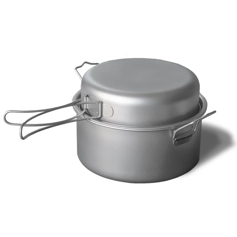 2.2L+1.2L Outdoor Pure Titanium Soup Pot Frying Pan Camping Portable Multifunctional Pot Lightweight Foldable Steaming Pot Set