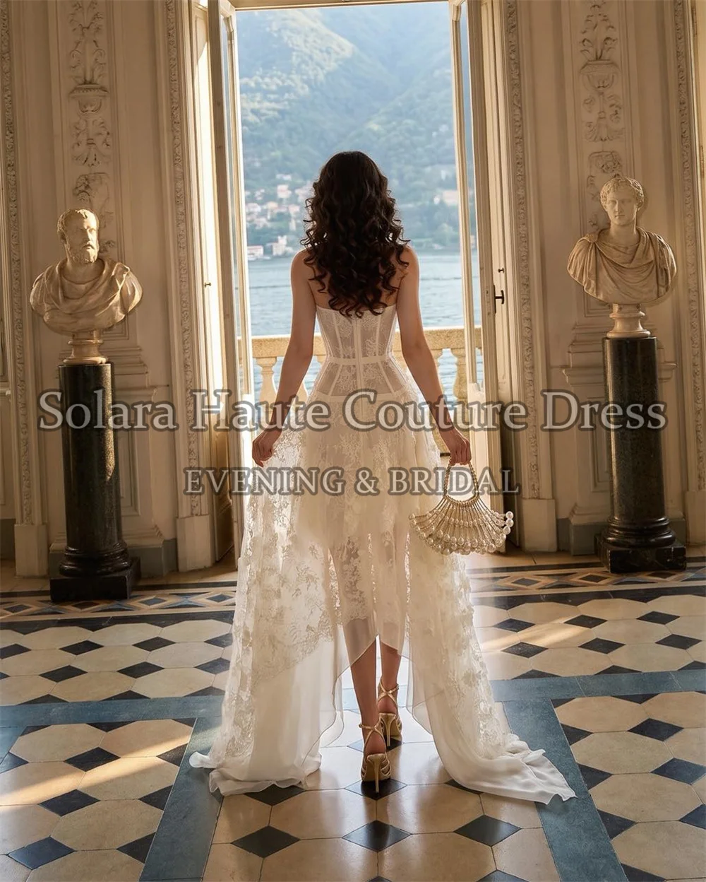 Solara Strapless Corset Lace Evening Dress 3D Floral High Low Chiffon Skirt Sheer Bodice Wedding Guest Formal Party Gown Custom