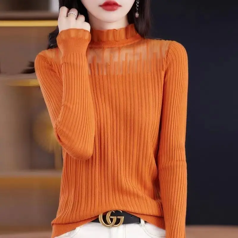 Women\'s Spring and Autumn Fashion Solid Color Half High Neck Lace Hollow Versatile Long Sleeve Slim Fit Sweater Knitted Tops