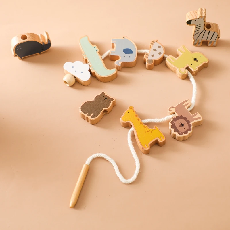 Baby Montessori Toy Wooden Animal Threading Stacking Toy Block Board Games Baby Animal Stringing Threading Block Puzzle Toy Gift