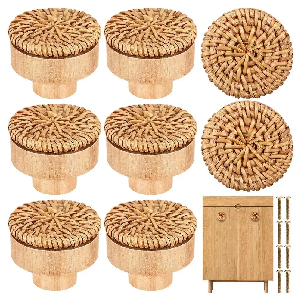 2/4/6/8Pcs Kenop Laci Kayu Solid Rotan Pegangan Lemari Bulat Kayu Pegangan Pintu DIY Lubang Tunggal