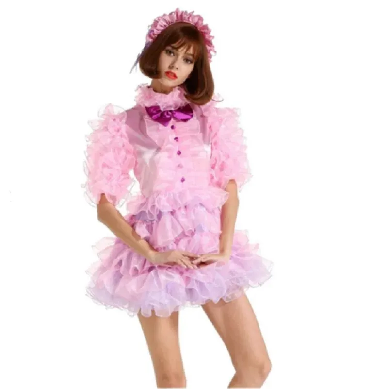 Sexy Sissy French maid pink satin lockable multi-layer lace fluffy ruffle edge dress cosplay costume customizable