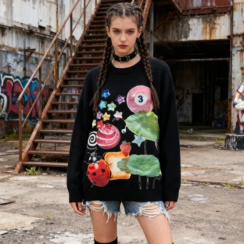 سترة جمالية لطيفة كلاسيكية للخريف والشتاء Y2K مزينة بنجمة البلياردو وسترة كبيرة الحجم مطبوعة على شكل خنفساء #6