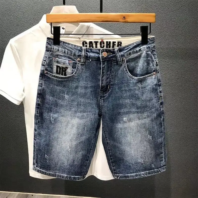 Men Summer Korean Fashion Blue Shorts Jeans Knee Length Streetwear Loose Straight Tube Denim Shorts