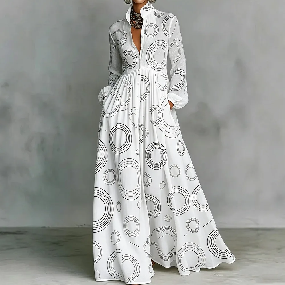 

Women's White Circle Print Maxi Dress Long Sleeve Elegant Loose Fit Button Front Fashionable Versatile Party Dress for Women