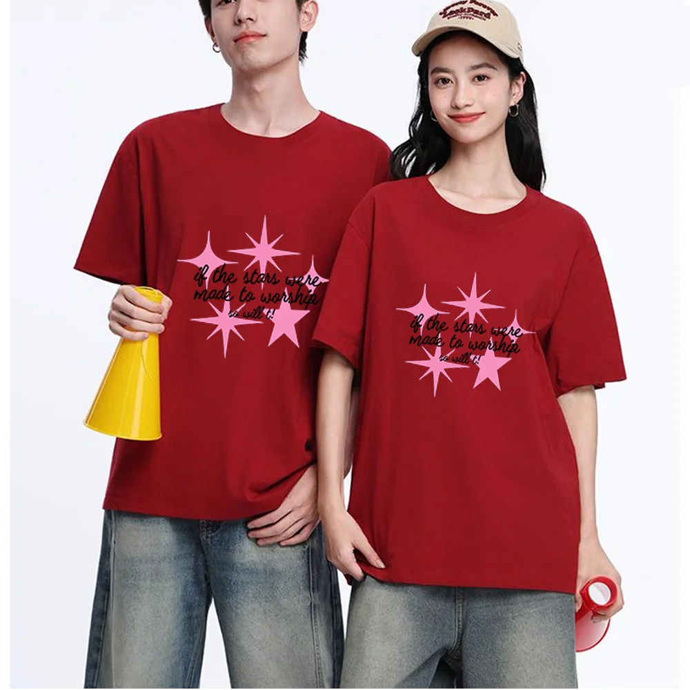 Pink Star Pattern Printed T Shirt Breathable Fabric S-XXL Personalized Custom T Shirt Casual Short Sleeve Tee Aesthetic Graphic