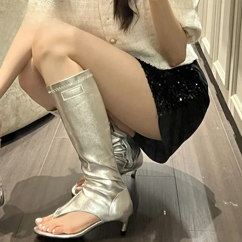 

Дизайнерские сапоги до колена на низком каблуке с застежкой на носок, женская модная банкетная летняя обувь на молнии, шлепанцы Botas Mujer