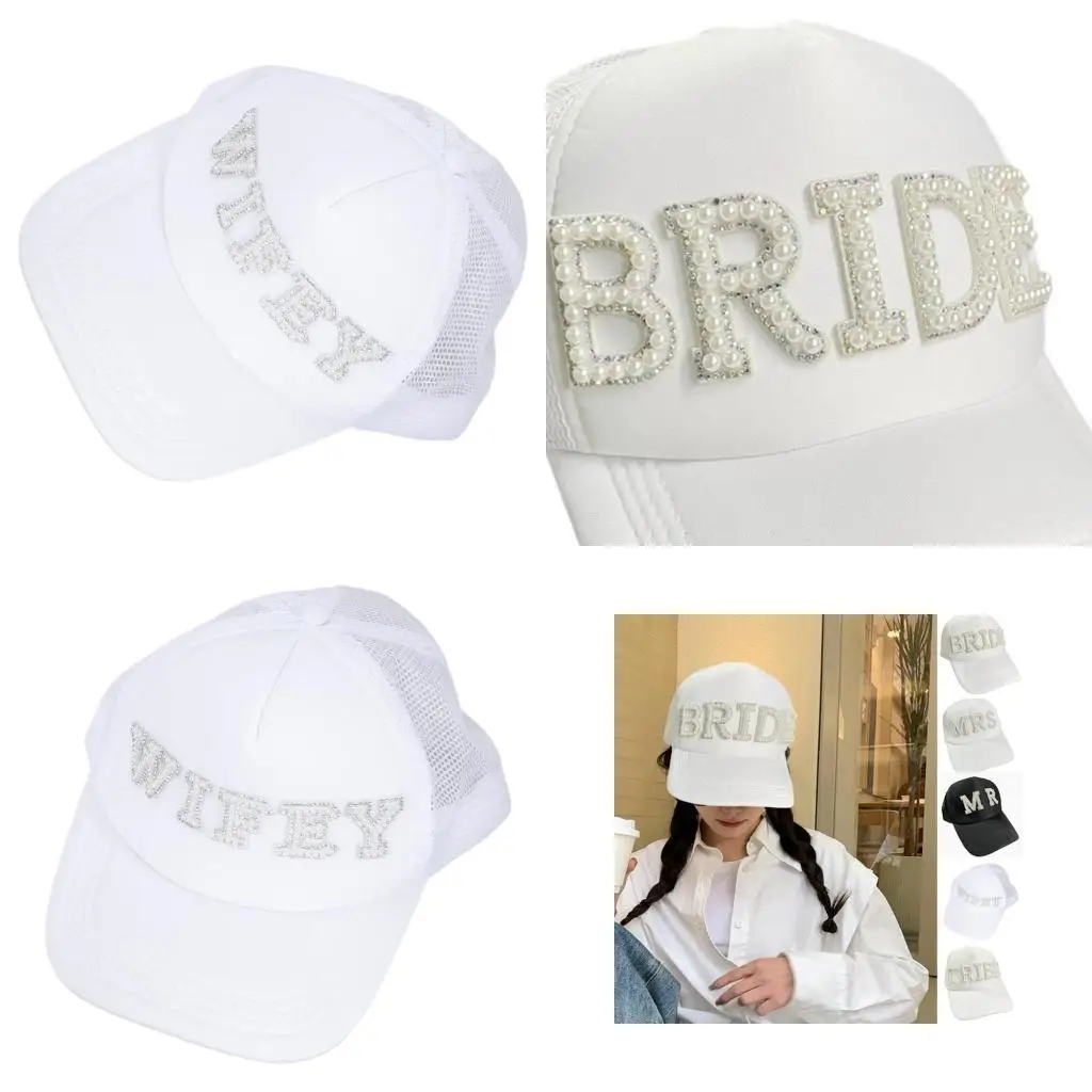 

A52E Pearl Letter Bride Cap for Bridal Shower Party Newlywed Groom Bride Baseball Cap