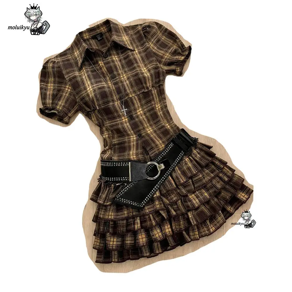 Y2K Grunge Brown Plaid Shirt Dress Women Puff Short Sleeve Collar Tiered Ruffle Mini Dress Gothic Vintage Streetwear Dresses