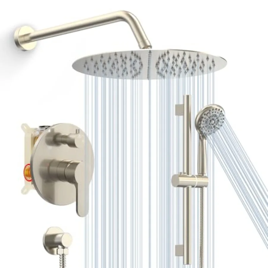 

12 Inch Rain Shower System High Pressure Shower Heads and Handheld 6-Spray Combo Set Slide Bar Shower Faucets Sets Complete Inc