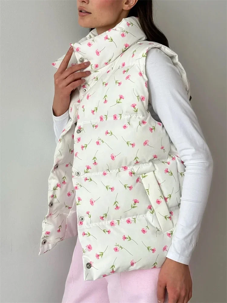 Winter Printed Casual Vests Coat For Women Sleeveless Contrast High Waist Loose Streetwear 2025 New Female Outwear Vests
