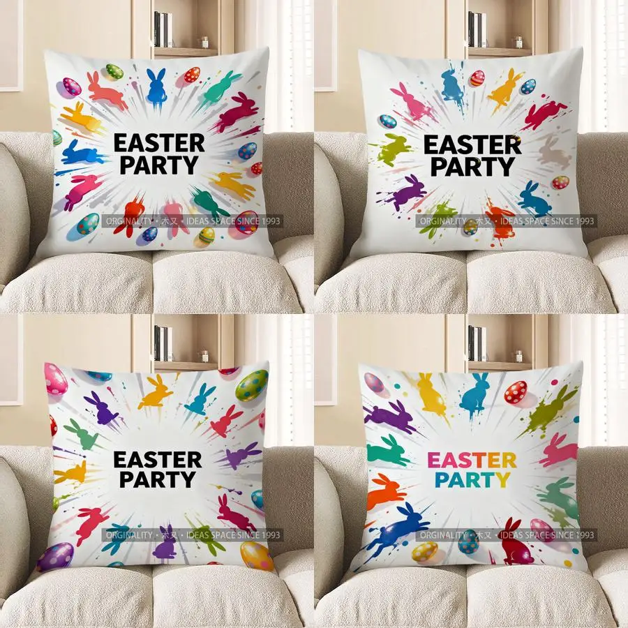 

2D Colorful Easter Rabbits And Eggs Party Pillow Pattern Cushion Cover Suitable For Sofa Bedroom Car Pillow Cover