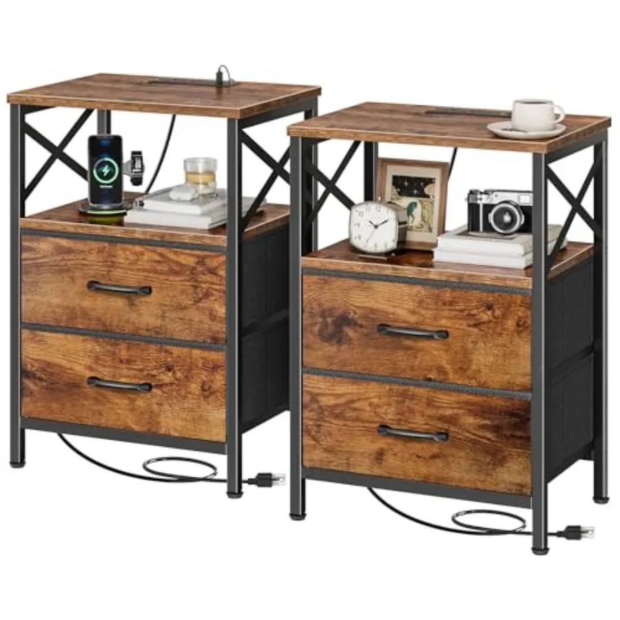 Nightstands Set of 2, Night Stand with Charger Station, 2 Drawer Side Table with Open Shelf, USB-C Port, End Table for Small Sp
