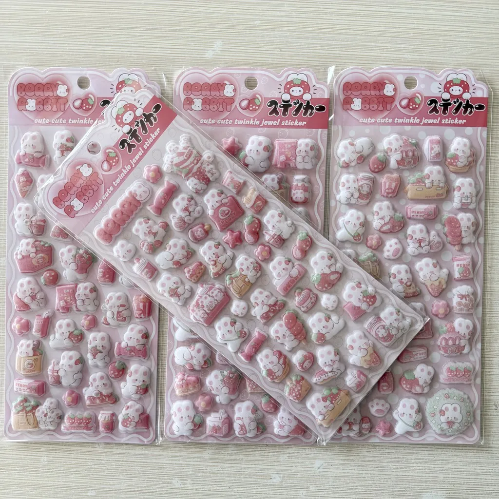 Cute Berry Bunny Puffy Sticker Set 4 Pack Decorative Foam Decals for Scrapbook Planner DIY Crafts Golden Memory Stickers Store
