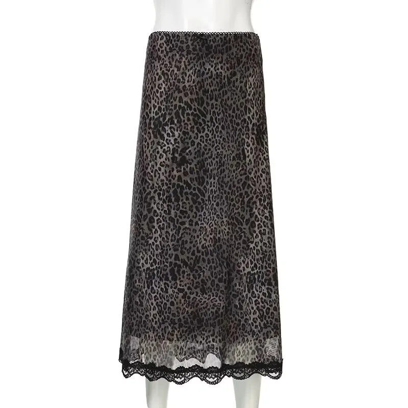 Vintage Harajuku Goth Dark Leopard Print Slim Straight Skirts Cyber Y2K Lace Patchwork Bottoms Mall Goth Skirts Women Outfits