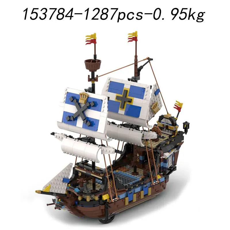 Blocs de construction assemblés, liquidation de petites particules, bateau pirate MOC-153784, 1287 pièces, modèle de construction, jouet, décoration cadeau