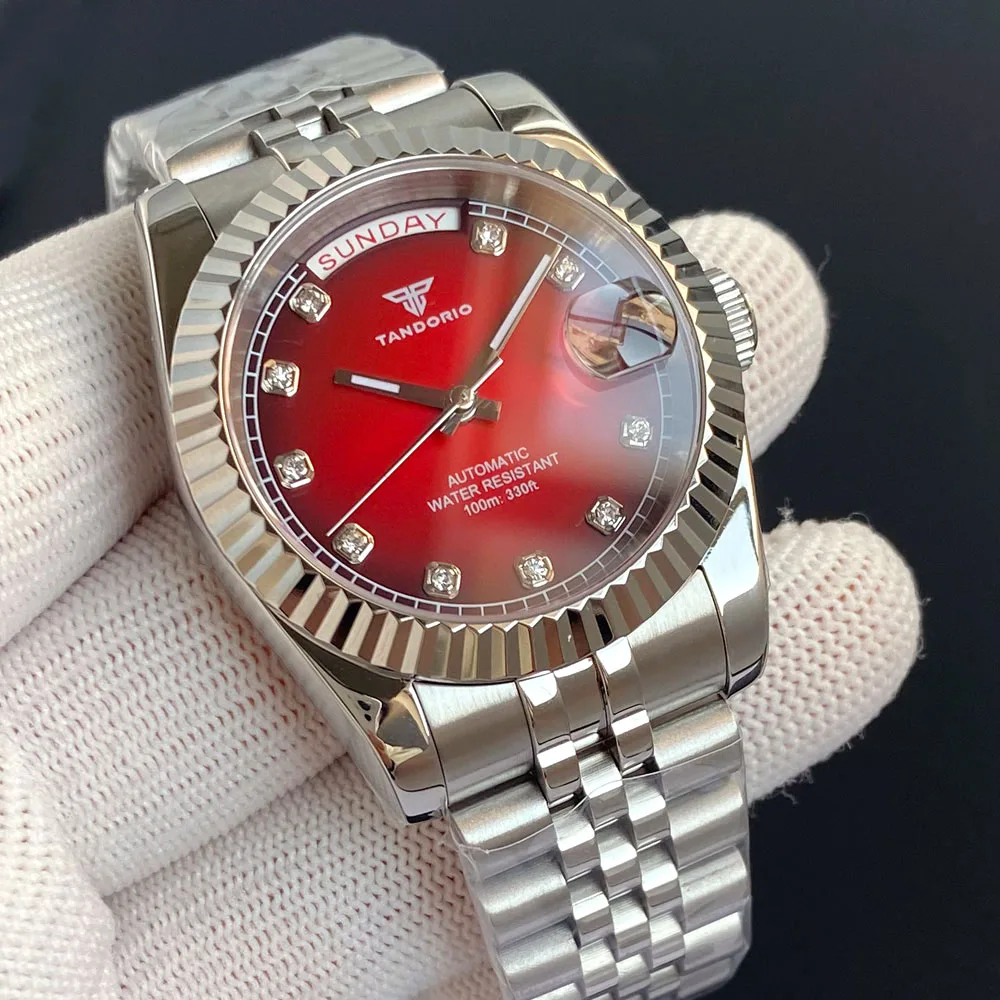 Tandorio 36mm 39mm Sunburst Red Gold Dial Diamond Index Sapphire NH36A 20ATM Diving Automatic Men Watch Stainless Steel Strap