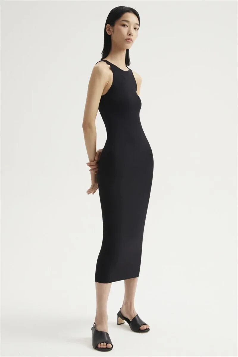 Korean Fashion Solid Knitted Dresses Women Elegant Slim Sleeveless Shoulder Strap Long Dress Vestidos Elegantes Para Mujer