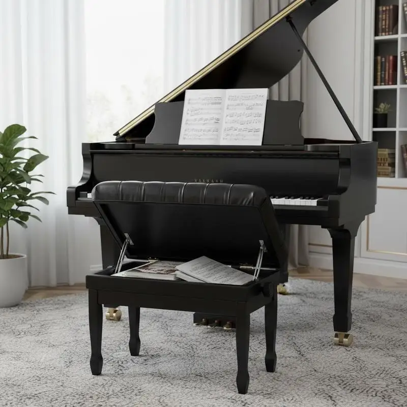 Duet Keyboard Bench 29.5" x 14" x 20.3" For Music Studio Home Practice Performance Room, Adjustable Height Padded Cushion Music Book Storage Compartment Wooden Furniture Seat Bedroom Vanity Use view 2