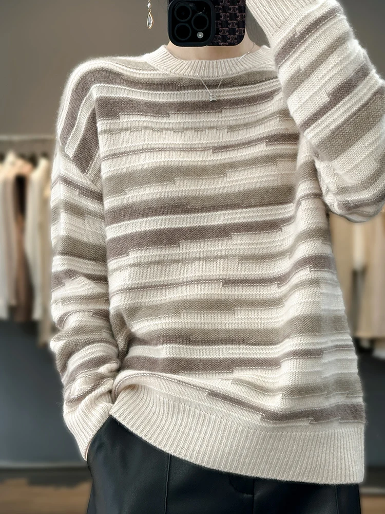 100% pure merino sweater 2023 autumn and winter new women's round neck pullover striped knit top women's coat