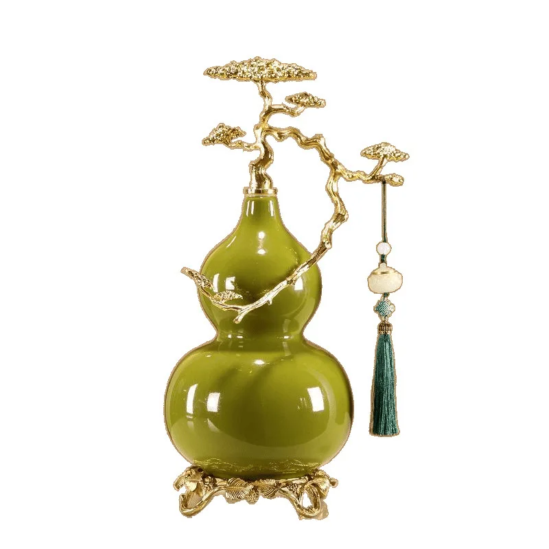 Golden Pine & Colored Calabash Ornament Wealth Luck Decor for Living Room TV Cabinet Auspicious Home Office Gift