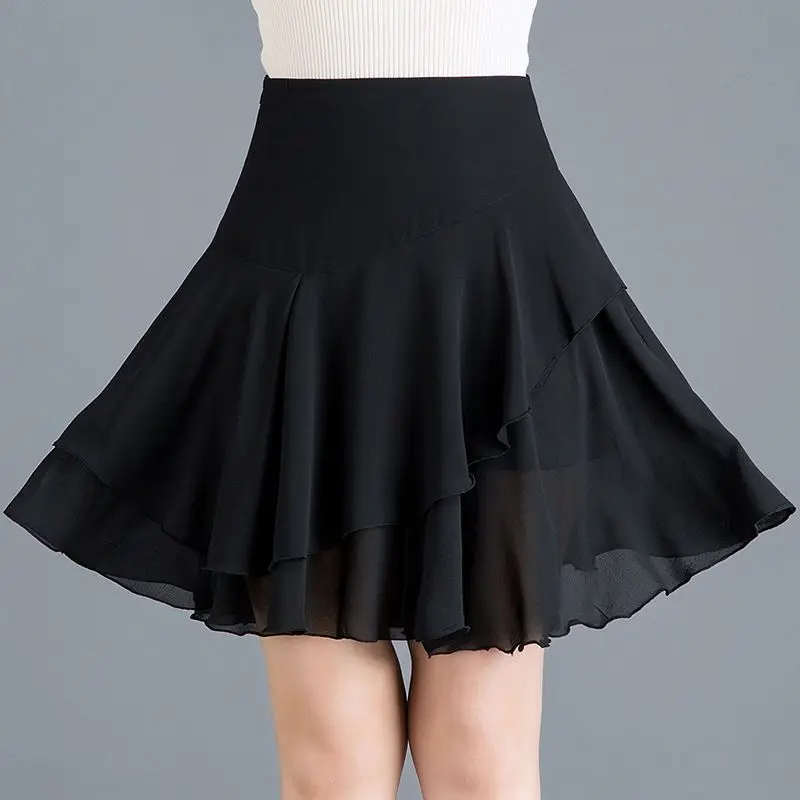 Roupas femininas 2025 verão novo solto senhora do escritório elástico saias de cintura alta moda cor sólida emendado babados saias chiffon