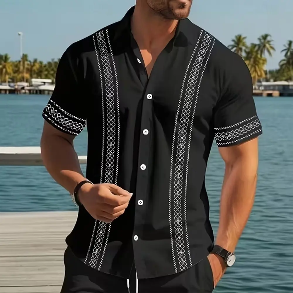 Men's Striped Geometric Shirt Button Up Short Sleeve 3D Print Turndown Shirt Black White Khaki