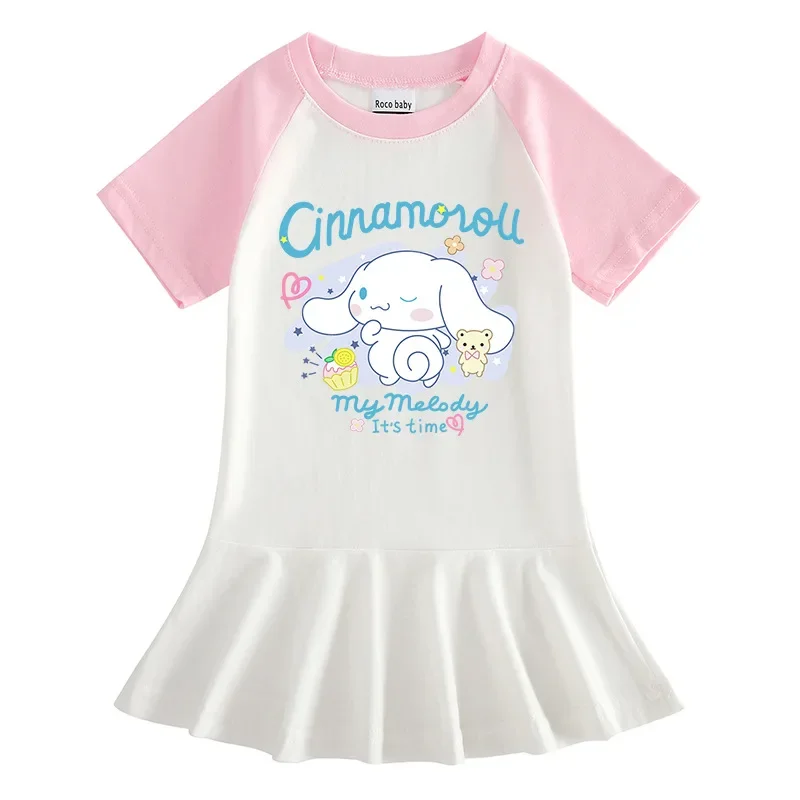 

Kawaii Sanrioed аниме My Melody Cinnamoroll Kuromi летнее милое платье принцессы для девочек детское платье с коротким рукавом Детское платье футболка