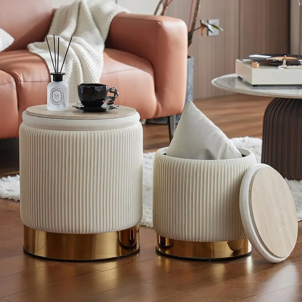 

Round Ottoman with Storage Set of 2 Upholstered Velvet Vanity Stool for Living Room Ottomans Multifunctional Foot Rest