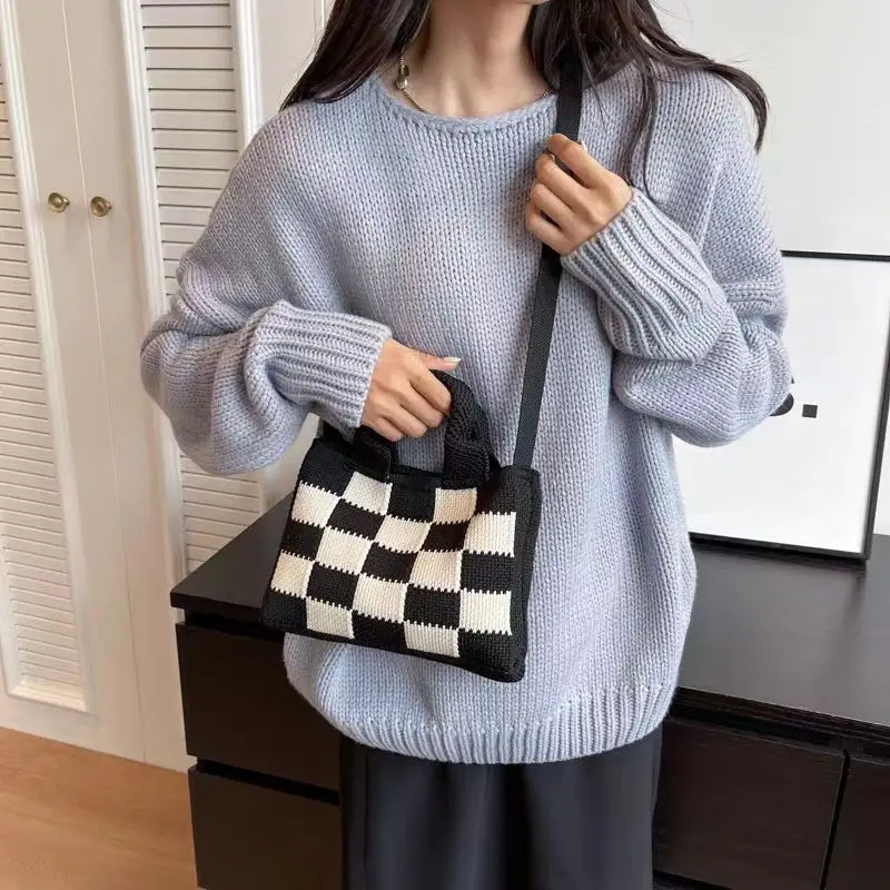 Hand-Woven Wool Handbag for Women, Stitching, High-Grade Texture, Color Diamond Check, Early Autumn, 2024, Niche Design